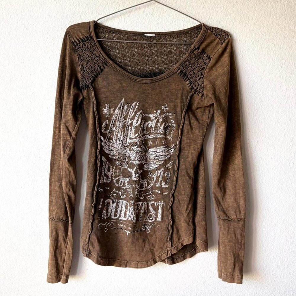 Affliction brown long sleeve tee shirt top women's medium